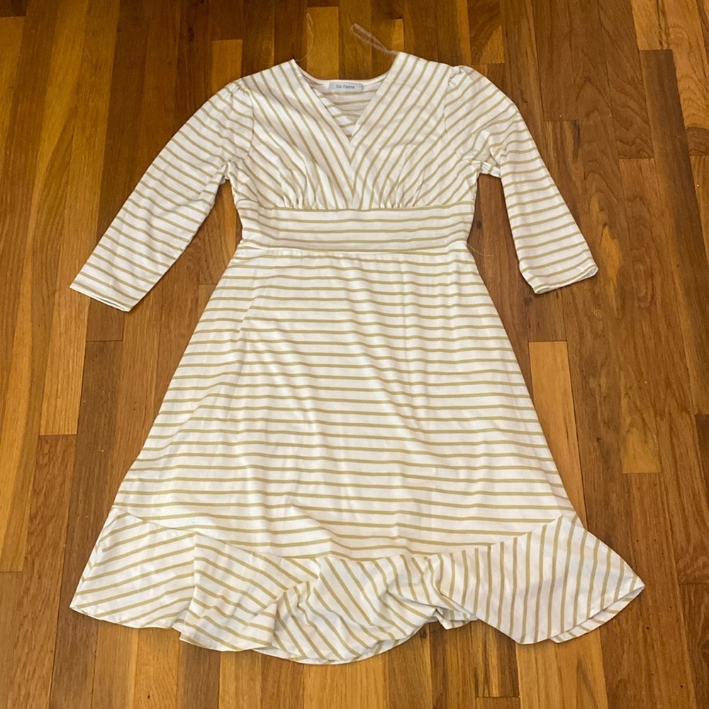 Ces Femme White and Yellow Striped Long Sleeve Dress Size M
